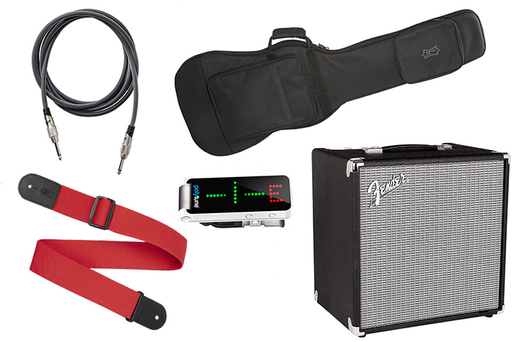 Image of bass accessories: cable, strap, gig bag, amp, tuner