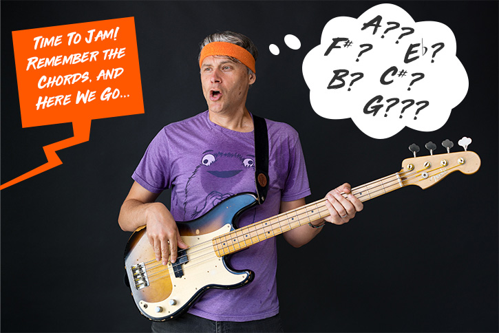 Picture of Gio playing the bass and being worried about remembering chords